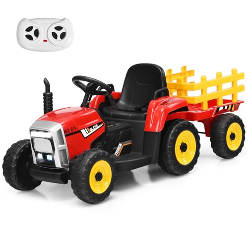 COSTWAY 12V Tracteur Électrique Enfants avec Pelle & Remorque Amovible, Véhicule Électrique à 6 Pneus avec Lumière LED & Musique & Klaxon, Télécommande...