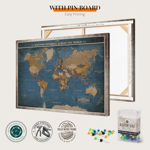 Image of DECORARTS - Oversized World Travel Map with Pins, Pin Board Canvas Wall Art, Extra Large Navy Blue Maps for Wall, Giclee Print, Handcrafted in USA, 40x30''