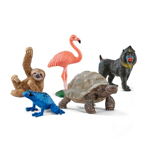 Schleich Wild Life - 5PC Exotic Animal Starter Playset Figurine Bundle - With Flamingo, Sloth, Frog, Giant Tortoise and Monkey Figures for Boys and Girls - Realistic Animal Toys Kids Ages 5+ | 77590