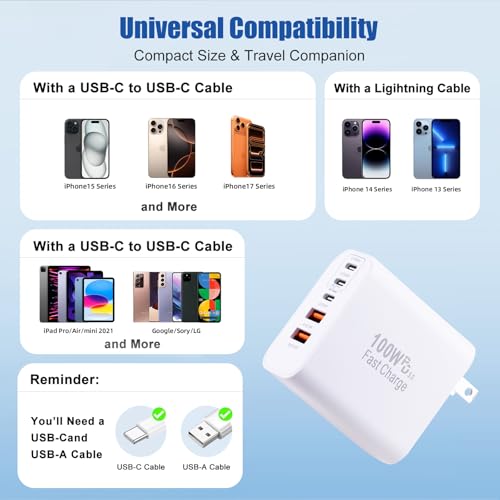 Image of Super Fast USB C Charger Block,100W 5-Port USB C Phone Charger Power Adapter Plug,2Pack Multiport Type C Wall Charger Cubes for iPhone 17 Pro Max /17 Pro /17 Air,16 Pro /16e /15 Plus,MacBook,Android Phone