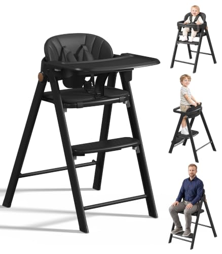Convertible High Chair &amp; Foldable Toddler Standing Tower for Baby to Adult, Tool-Free Adjustable Baby Highchair, Compact Feeding Chair, 5-Point Harness, Easy Clean, Removable Tray, Metal Frame, Balck