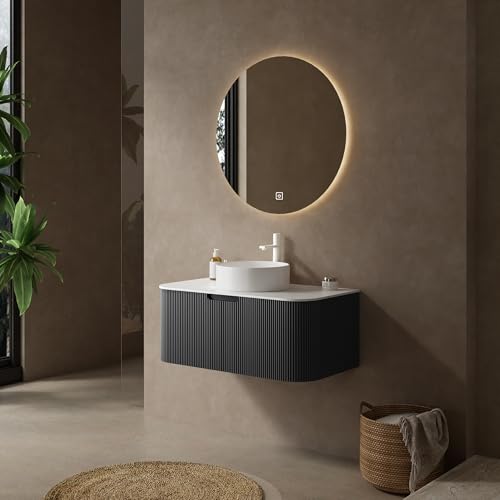 Image of KEIKI 36 inch Bathroom Vanity Cabinet with Sink Combo, Wall Mounted Curved Edges Striped Floating Bathroom Vanity with Soft-Close Drawer, White Round Ceramic Basin Without Faucet, Black