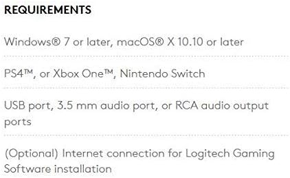 Text list of system requirements for Logitech G933 headset: Windows 7+, macOS X 10.10+, PS4, Xbox One, Nintendo Switch, USB port, 3.5mm audio port, or RCA audio output ports. Optional: Internet connection for Logitech Gaming Software.