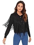 Verdusa Women's Fringe Trim Long Sleeve Button Up Blouse Shirt Top Black S