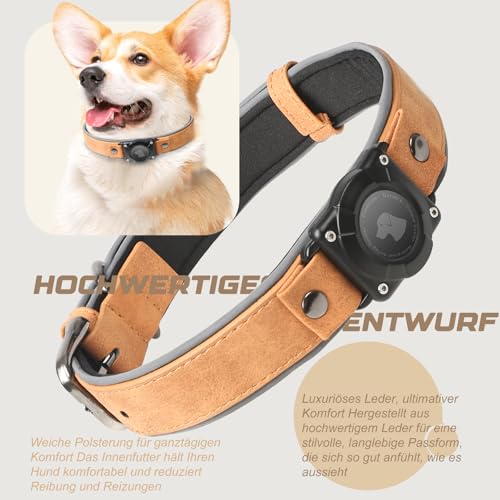 Halsband Hund Leder mit Air Tag Halter, Airtag Hundehalsband IPX8 Wasserdicht, Handgefertigt, Weich und Bequem, Reflektierend, Verstellbare Polsterung, für Mittlere Große Hunde (Hellbraun, L)