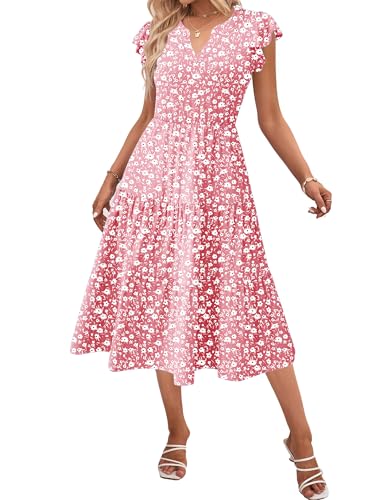Zeagoo Petite Summer Dresses for Women Floral Boho Sun Dresses with Pockets V Neck Casual A Line Dress Short Sleeve Midi Dress Womens Tiered Dresses S