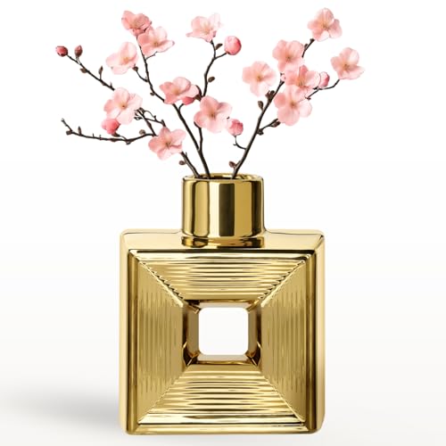 Torre & Tagus 7.5" Gold Flat Ceramic Square Vase for