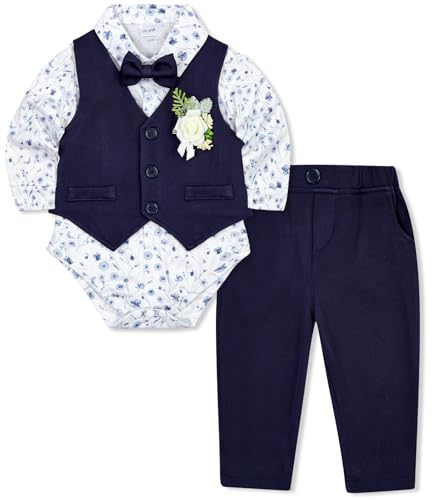 HOZIY HOZIY Baby Boy Suits Infant Gentleman Outfit Collared Shirt+Vest+Tie+Corsage+Pants 5Pcs Baptism Wedding Sets for 0-24 Months