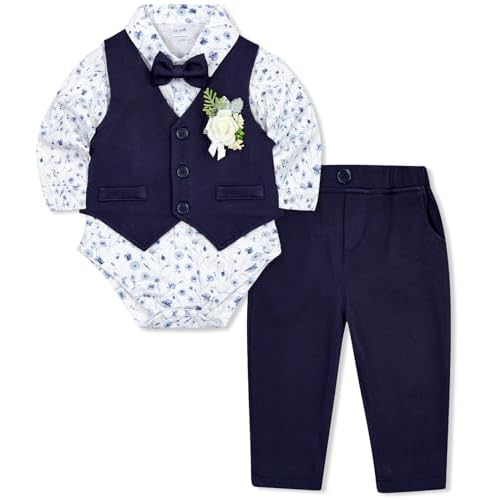 HOZIY Baby Boy Suits Infant Gentleman Outfit Collared Shirt+Vest+Tie+Corsage+Pants 5Pcs Baptism Wedding Sets for 0-24 Months 6-12 Months Navy