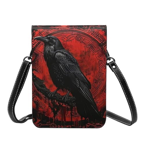 Black Raven Pirate Runes Viking Nordic Mythology Red Crossbody Cell Phone Purse For Women Teen Girls Leather Small Crossbody Bag Mini Phone Pouch Purse, 7.5x5.3 Inches3