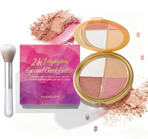 Glowjiu Glow Gallery Palette Illuminatrice Yeux Et Joues,Illuminateur Et Blush 4 En 1,Enlumineurs Et Illuminateurs,Palette Contouring,éclat Longue Tenue,Poudre Contouring Naturelle,Avec Brosse
