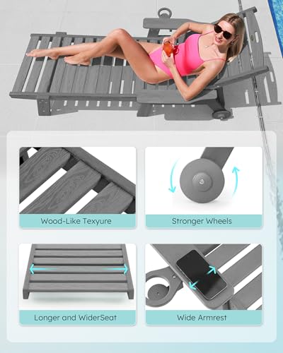 Image of Patio Chaise Lounge Chair Outdoor with Wheels, Oversize Patio Lounge Chairs with Wood Texture, HDPE 6-Position Plastic Lounge Chairs for Poolside, Patio, Deck, Beach,Grey