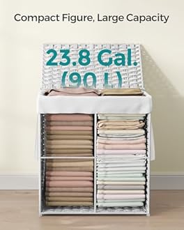 SONGMICS Laundry Hamper with Lid, 23.8 Gallon (90 L) Synthetic Rattan Clothes Laundry Basket with Lid and Handles, Foldable, Removable Liner, Cloud White ULCB51WT