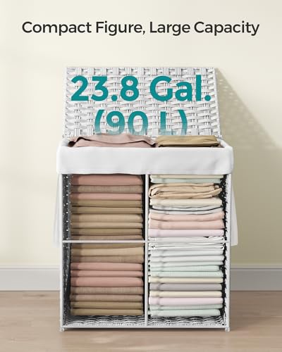 SONGMICS Laundry Hamper with Lid, 23.8 Gallon (90 L) Synthetic Rattan Clothes Laundry Basket with Lid and Handles, Foldable, Removable Liner, Cloud White ULCB51WT
