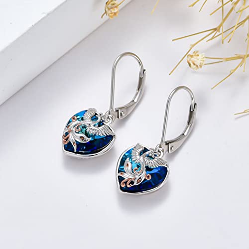 Shusukue Phoenix Leverback Earrings Crystal Heart Drop Earrings 925 Sterling Silver September Birthstone Dangle Earrings Valentine’s Day Birthday Anniversary Jewelry Gift For Women Wife Girlfriend Girls Hypoallergenic #TOP1