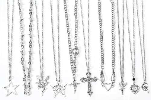10 Pcs Gothic Necklace Set for Women, Halloween Silver Necklace Set Vintage Cross Goth Accessories Jewelry, Cross Fairy Thorns Y2k Angel Heart Feather Star Butterfly Pendant Necklaces2