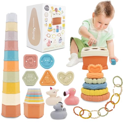 Image of BYFWH Shape Sorter Baby Toys 5 in 1 Montessori Toy, Shapes for Sorting Play for Infants Ages 6-48 Months, Stack & Count Cups, Rings Toy Links, Sensory Learning Toy Set Babies Birthday Gift