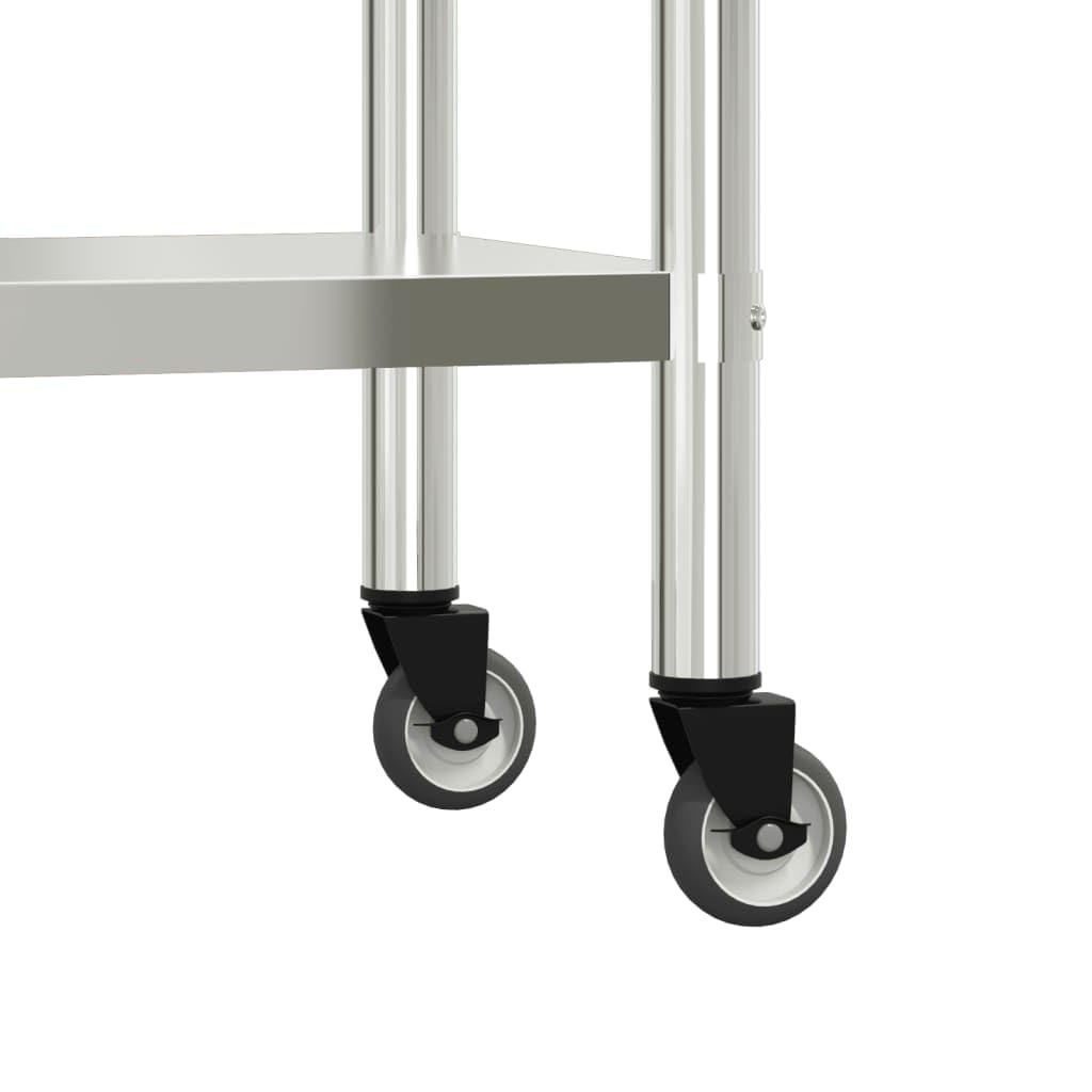 vidaXL Mesa de Trabajo de Cocina con Ruedas, Banco de Preparación de Alimentos, Encimera de Catering, Mesa para Restaurante Escuela, Acero INOX