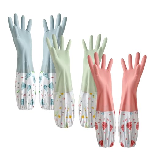 TERRIFI 3 Pcs Rubber Dishwashing Cleaning Gloves - Waterproof, Reusable Long Kitchen Gloves, Latex-Free Household Gloves for Laundry, Cleaning, Working, Gardening