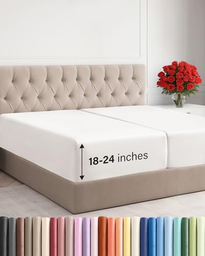 Image of Extra Deep Split King Fitted Sheet - Single Fitted Sheet - Antique White | Easily Fits 18 inch to 24 inch Mattress, Soft, Wrinkle Free, Breathable & Comfy, Extra Deep Pockets Hotel Luxury Fitted Sheet