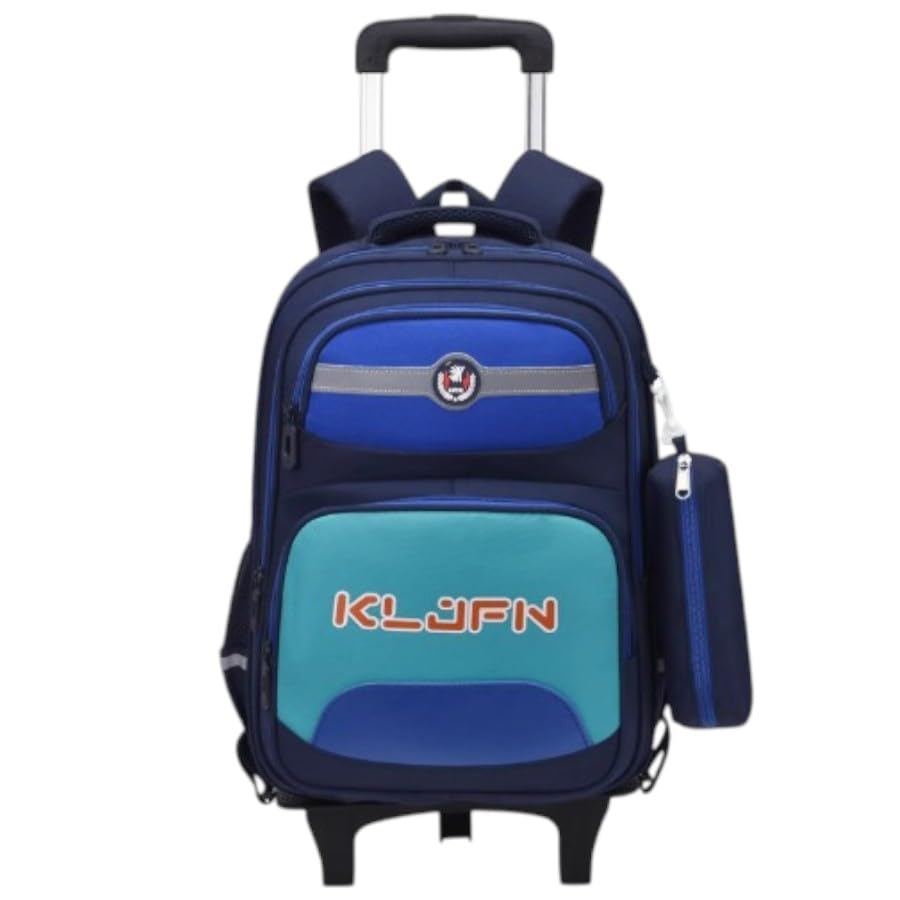 Mochila Escolar com Rodinhas LED, Kit com Estojo, 3 Compartimentos, carrinho mochila escolar infantil para meninos e meninas de 6 a 12 anos (Azul Marinho com azul claro)