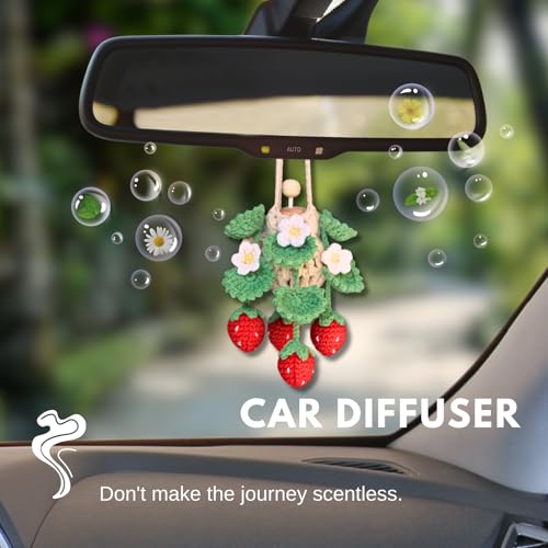 Image of ROFIGL Handmade Crochet Hanging Car Air Freshener - Cute Strawberry Plant Design, 12ml Refillable Thick Glass Bottle, Car Diffuser for Rearview Mirror, Home & Office Decor