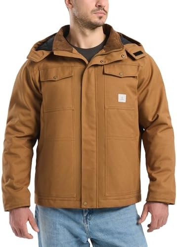 HISEA Winter Work Jackets for Men, Water Resistant Hooded Duck Canvas Coat, Relaxed Fit Insulated Utility Jacket with Pockets