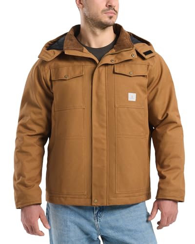 HISEA Winter Work Jackets for Men, Water Resistant Hooded Duck Canvas Coat, Relaxed Fit Insulated Utility Jacket with Pockets