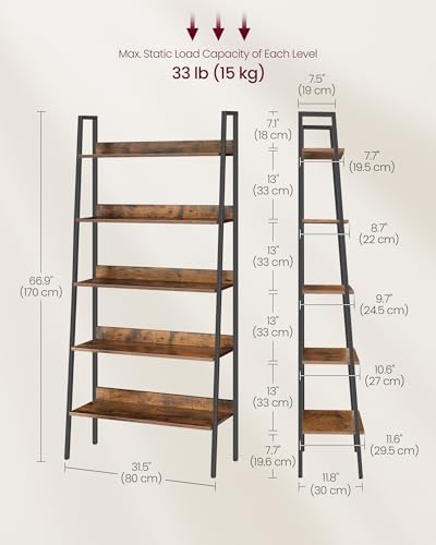 VASAGLE Bookshelf, 5-Tier Bookcase, Ladder Shelf for Home Office, Living Room, Bedroom, Kitchen, Rustic Brown and Ink Black ULLS129B01 - Image 6