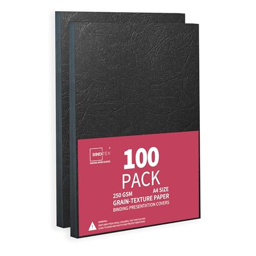 Binditek 100 Pack A4 Leather Grain Binding Covers, 250 GSM，Presentation Leather Textured Paper, Square Corners, Un-Punched