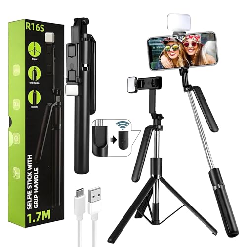 Image of LikeStar 1.7M Extendable Selfie Stick Tripod with Fill Light, Wireless Remote & Phone Holder - USB Rechargeable, Foldable & Compatible with iPhone & Android for Travel, Vlogging, and Live Streaming