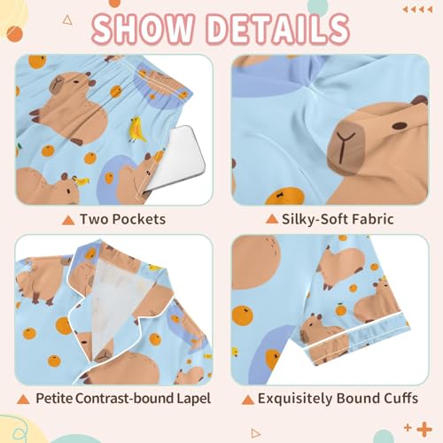 senya Cute Capybara Orange Birds Satin Summer Pajama Sets Silk Short Sleeve Button Down Sleepwear3