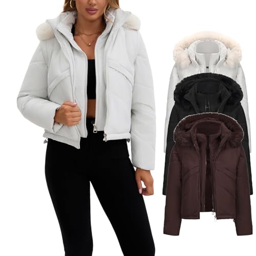 Women's Winter Cropped Padded Coat Thicken Quilted Puffer Jacket Long Sleeve Warm Parka with Detachable Faux Fur Hood