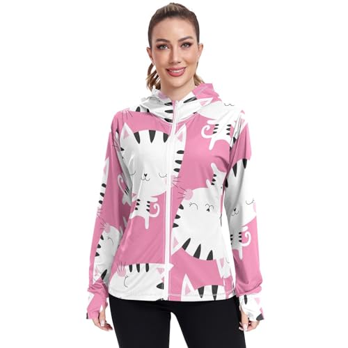 KLL Moletom feminino com capuz leve com zíper Rash Guard, proteção FPS 50+, desenho de gato, fofo, m