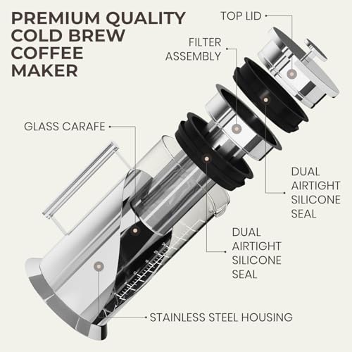 Cafe Du Chateau Cold Brew Coffee Maker - 34oz Airtight Iced Coffee & Tea Pitcher with Measuring Label, Stainless Steel Filter, Ideal for Fridge Storage