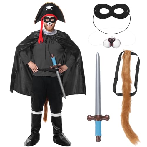 Apparlxer Cat Bandit Costume 7Pcs Cat in Boots Outfits Set Pirate Costume Include Cloak Eye Patch Pirate Hat Shoe Covers Tail Nose Handheld Props World Book Day Costumes for Men