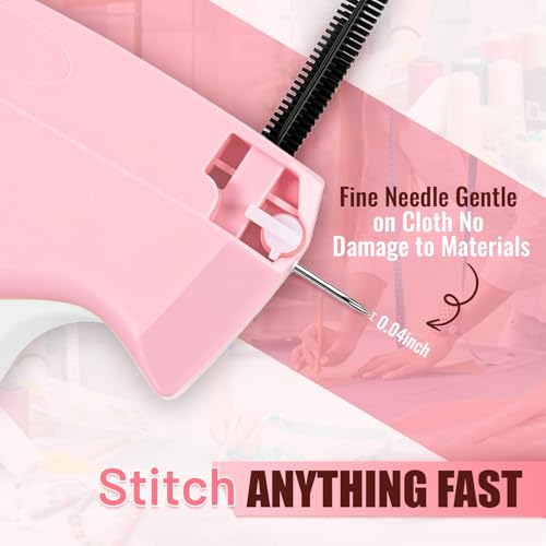 Image of Stitch Gun for Clothes - Handheld Stitch Gun Quick Clothing Fixer - Tagging Gun for Clothing, Sewing Kit-Includes 6 Needle, 1000 Black Fasteners & 1000 White Fasteners (Pink)