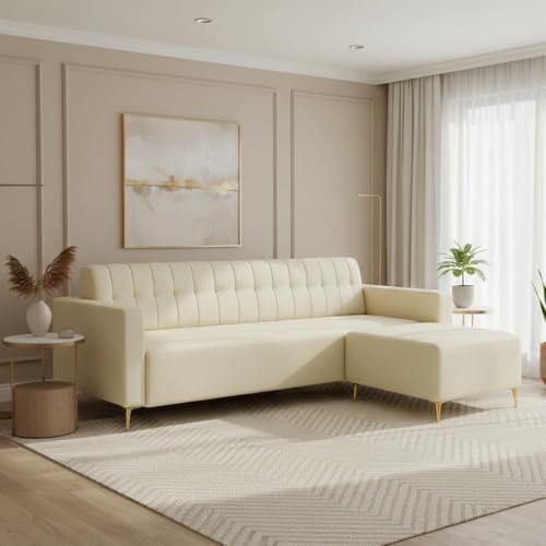 Image of SOCOZI Anton 3 Seater Modular L Shape Sofa Set with Ottoman |Premium Leatherette Fabric with Golden Metal Legs | Modern Design | Plush Comfort Cushions for Living Room (Cream Leatherette)
