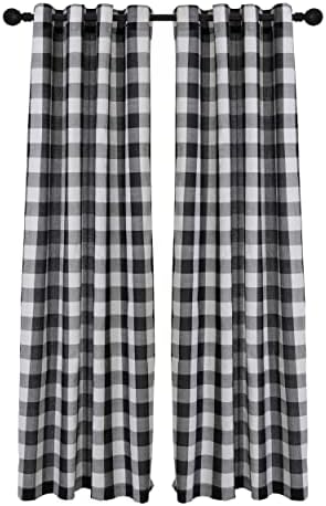 Creativesfun 2 Panels Checks Line Up Set Farmhouse Faux Linen Look Buffalo Plaid Grommet Window Curtain (Black & White, Panel 丨W53 X L84-INCH 2PCS)