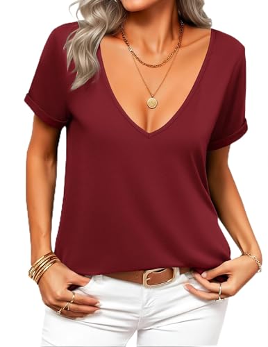 Zeagoo Burgundy Tops for Women New Years Eve Deep V Neck Short Sleeve Summer Sexy Off The Shoulder T Shirt Wine Red S