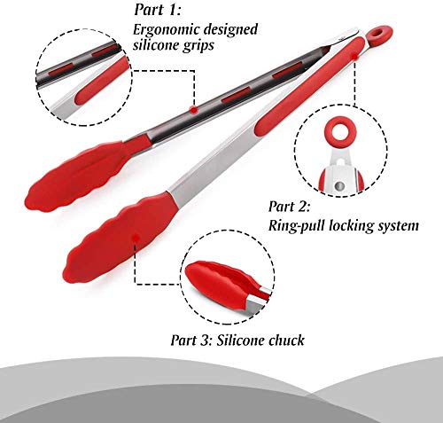 Image of Baskety Heavy-Duty Non-Stick Stainless Steel Silicone Kitchen Tongs Red 12 Inches