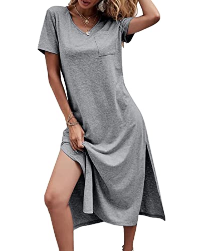 Image of Dyexces Women Summer T Shirt Dress Casual Short Sleeve V Neck Maxi Dresses Loose Side Slit Long Tshirt Dress with Pockets