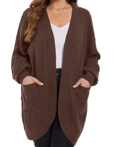 Image of MONNURO Womens Plus Size Open Front Cardigan Waffle Knit Long Sleeve Sweaters Tops Fall Coat Outerwear with Pockets