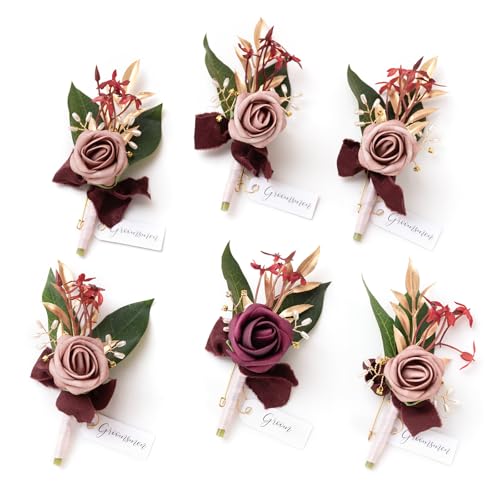Ling's moment Boutonniere for Men, 6pcs, Marsala Dusty Rose