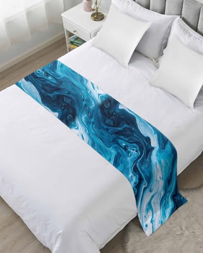 Yukro Bed Runner Scarf, Blue Marble Texture Oil Painting Abstract Ocean Waves Modern Full Bed Scarf Runner, No Fading Decorative Bedding Scarf for Bedroom Hotels Homes and Guestrooms