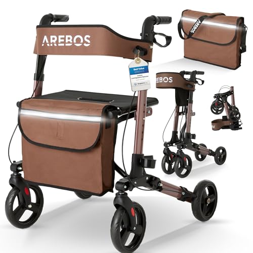 Arebos Caminador Andador Aluminio | con Ruedas | 136 kg | Marrón | Altura regulable | Incluye Soporte para baston