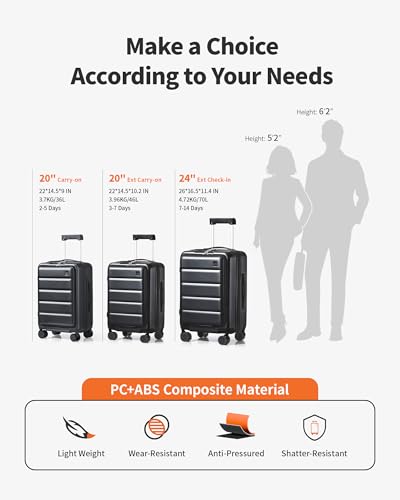 Grey Carry on 20IN + Black Check In 20IN Expandable Luggages,Front Pocket Hardside Travel Suitcase Unbreakable -with Cup Holder,USB Charge,Side Pothook, 360°Spinner Wheels, TSA Lock3