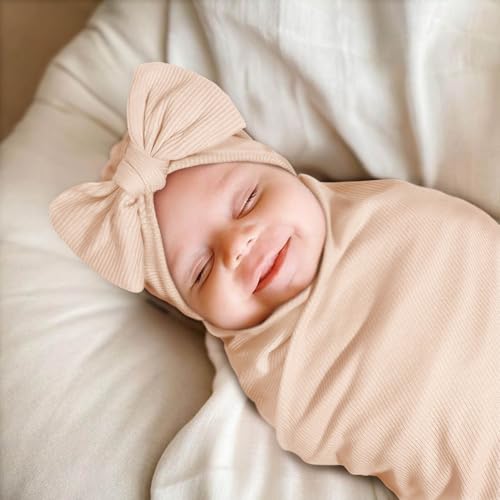 Image of DRESHOW BQUBO Baby Girl Newborn Receiving Blankets with Bow Hat Headband Wooden Birth Announcement Card Set Newborn Baby Swaddle Wrap Set Warm Shower Gift