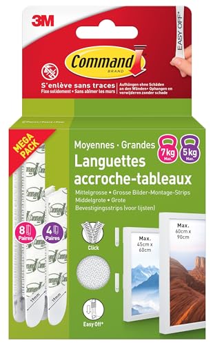 Command Languettes Accroches Tableaux Moyen et Grand Modèles, Blanc, 8 x 2 L + 4 X 2 M Languettes Adhésives - Fixation sans Dommage