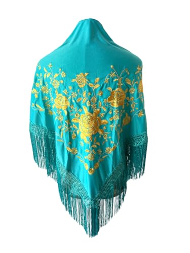 Genérico FLAMENKA ROCIERA Mantón de Flamenca, Mantoncillo Bordado Floral, 150x80cm con Flecos de 24cm, Poliéster